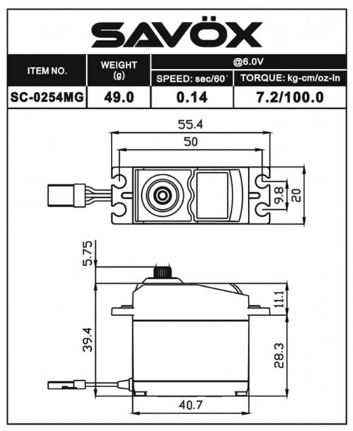 Savöx SC-0254MG Plus Servo 7,2Kg 0,14s Metal Gear